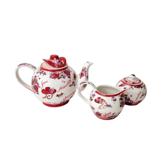 Red Hat Society Pink Chintz Teapot, Sugar and Creamer Set Cardew Designs - Picture 2 of 12